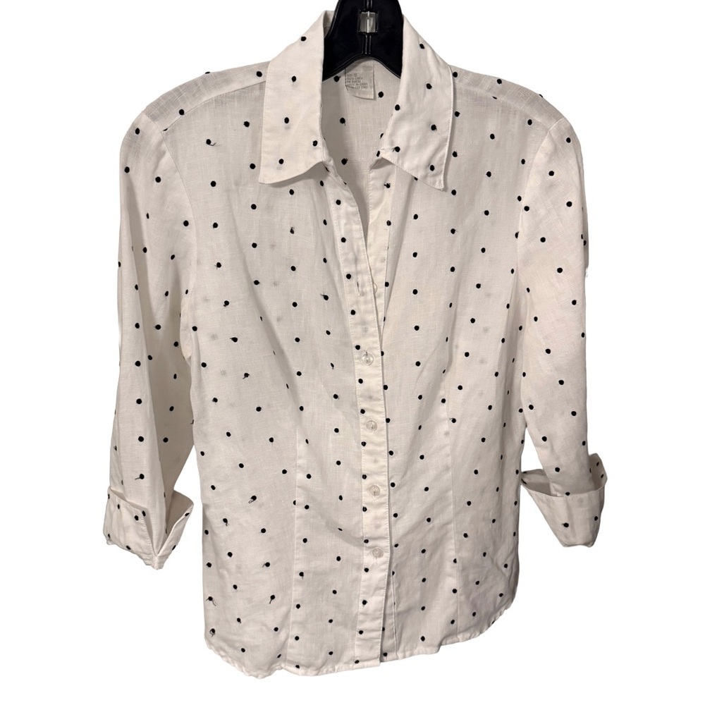 Tweeds Women’s 100% Linen button down Shirt White W Black Polka Dots Sz S